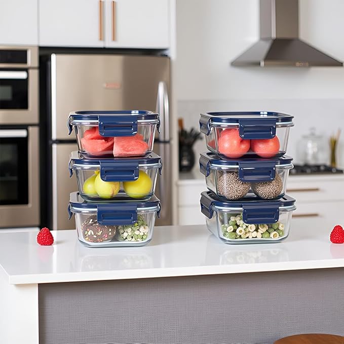 Small Square Glass Food Storage Containers With Lids，2 Cup Square Glass Containers, 16 oz Small Food Containers, Leak-proof lunch Bowls, Dishwasher Microwave Freezer Safe -(Dark Blue)