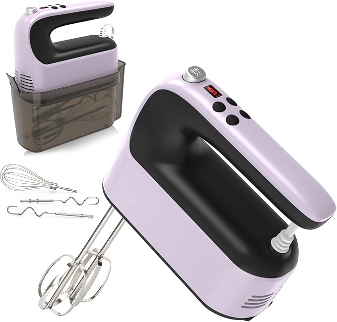 9-Speed Digital Hand Mixer Electric, 400W Powerful DC Motor, Baking Mixer Handheld with Snap-On Storage Case, 5 Stainless Steel Accessories, Flat Beaters, Dough Hooks, Whisk (Purple&Black)
