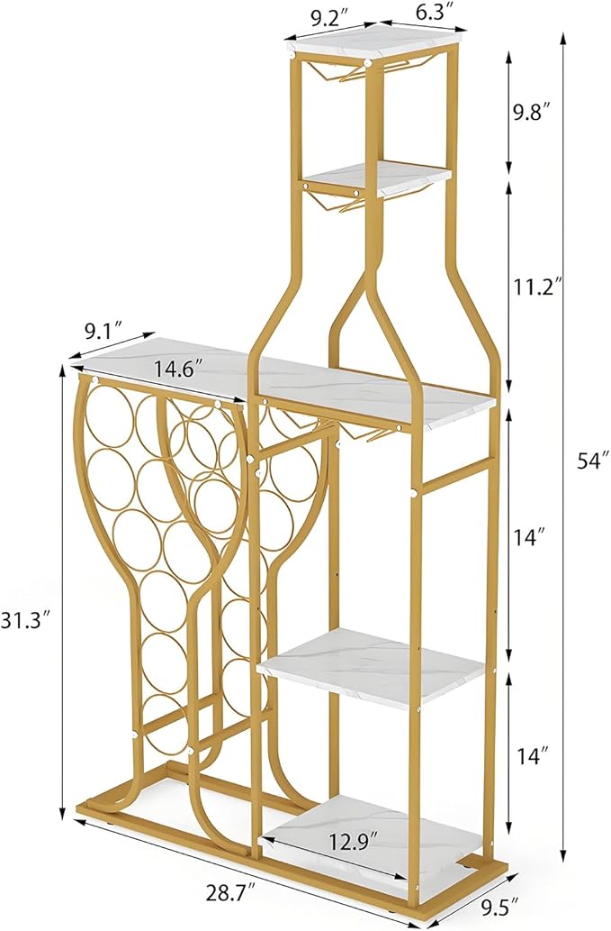 5-Tier Wine Rack Freestanding Floor, 11 Bottles Modern Wooden Wine Holder-Storage Cabinet for Home Bar, Kitchen, Dining Room Space Saving Bar Stand with Easy Assembly.(Gold/White)