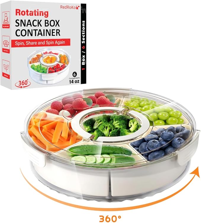 Rotating Snack Box Container - Large Divided Serving Tray with Lid - Snack Spinner for Kids -Pie Carrier,Mess-Free Snack Container - Veggie Tray with Lid for Fridge - Spinning Snack Container