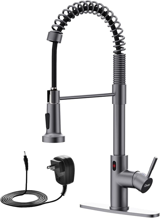 GIMILI Black Stainless Touchless Kitchen Faucet with AC Adapter, Smart Motion Sensor Hands Free Single Handle Kitchen Sink Faucet with Pull Down Sprayer
