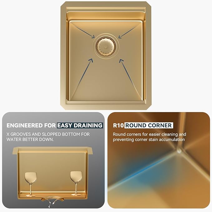 Lordear Gold Undermount Bar Sink 15x18x9 Inch Kitchen Sink Workstation 16 Gauge Stainless Steel Small Single Bowl