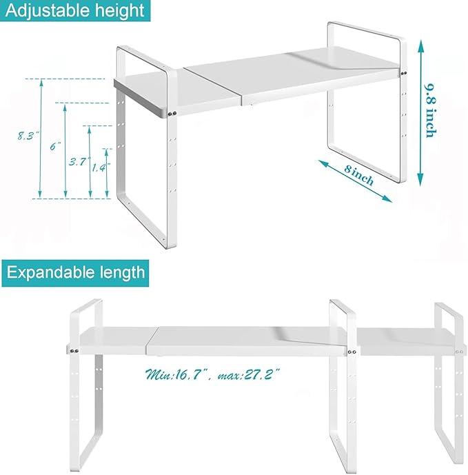 Redrubbit Expandable Cabinet Shelf Organizers, Stackable Kitchen Counter Shelves Spice Rack for Kitchen Bathroom Pantry Cupboard Desk Home Office, Metal Plate Heavy Duty Nonslip White, Set of 2