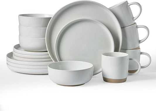 Famiware Milkyway Stoneware Dinnerware Sets with Mugs, Service for 4 (16pcs), Plates and Bowls Sets, Scratch Resistant, Microwave and Dishwasher Safe Dishes Set, Light Gray