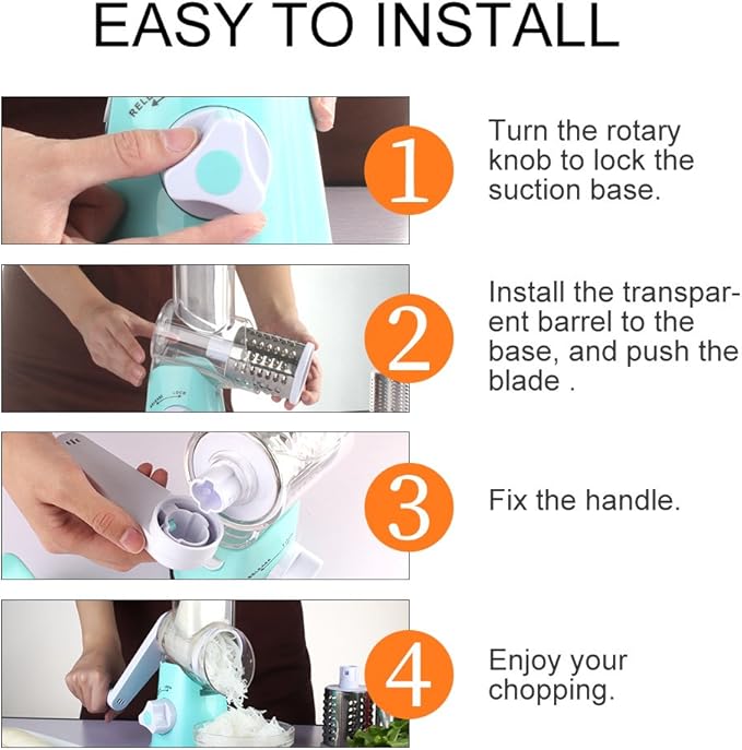 Ourokhome Rotary Cheese Grater Hand Crank, Kitchen Shredder Speed Mandolin Slicer Nut Grinder with Handle and Drum Blades for Cheese, Vegetable, Walnut, Chocolate, Potato, Carrot, 3 Blades, Blue