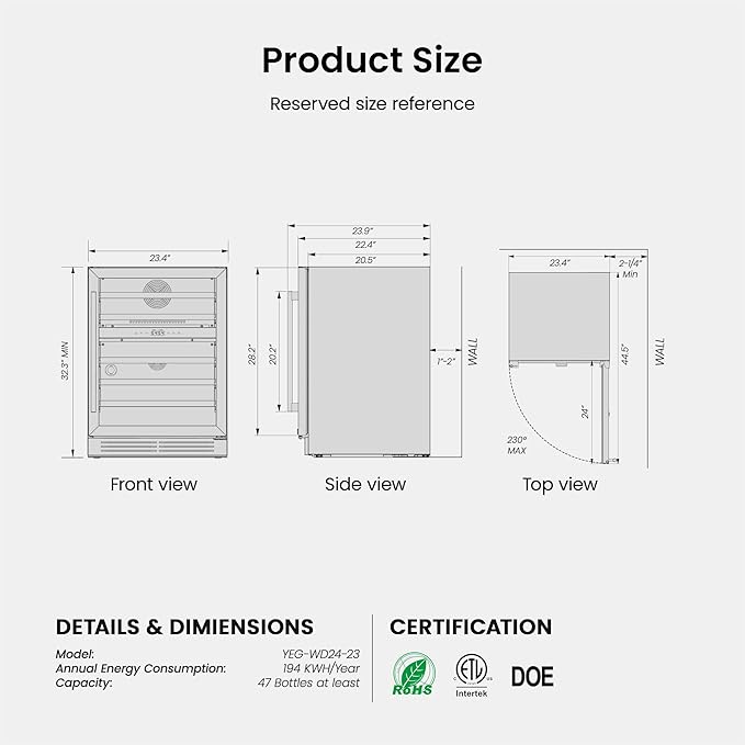 Yeego 24 Inch Wine Fridge Dual Zone, 47 Bottles Wine Cool Refrigerator with Glass Door, Built-in/Freestanding/Under Counter, Perfect for Home & Kitchen