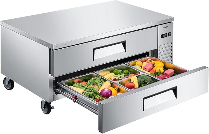 VEVOR Chef Base Refrigerator, 52" W Commercial Chef Bases Worktop Refrigerators, 2-Drawer Under Counter Fridge with 8 Pans Stainless Steel, Heavy-Duty Refrigerated Base, Invisible Door Handle