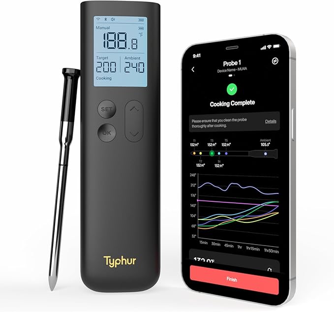 Typhur Sync Gold Wireless Meat Thermometer, Enhanced 10X Sub-1G Signal and Stability, WiFi Unlimited Range, 6 Sensors, Bluetooth Meat Thermometer for BBQ, Oven, Smoker, Grill, Air Fryer, Gen2