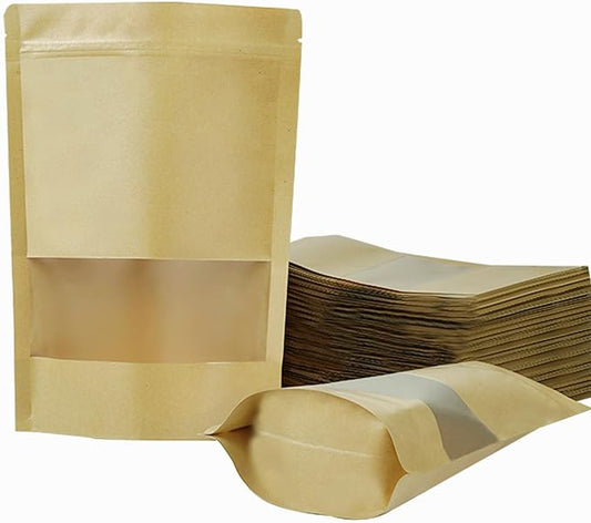 100 PCS Resealable Bags, Stand Up Kraft Paper Bags with Matte Window, Zipper Lock Food Storage Bags for Small Business and Home, 4.72 * 7.87 Inch Reusable Sealable Bags for Packaging