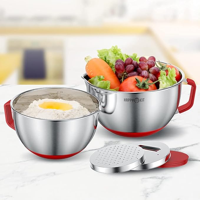 HAPPY KIT 18/8 Mixing Bowls with Lids Set of 2,Stainless Steel Mixing Bowl with Pour Spout, Non-slip Handle and Bottoms, 3 Grater Attachments, Measurement Marks & Lid, Size 5, 3QT(Red)