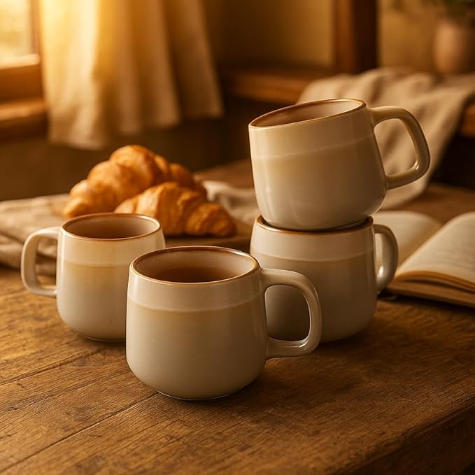 Ceramic Coffee Mugs Set of 4, 12 oz Stoneware Coffee Cups with Comfortable Handle for Latte, Tea, Cappuccino, Cocoa -Microwave and Dishwasher Safe - Modern Unique Aesthetic - Reactive Glaze