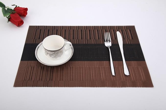 SHACOS Placemats Set of 6 Woven Vinyl Place Mats for Dining Table Heat Resistant Table Mats Wipeable (6, Ombre Coffee Black)