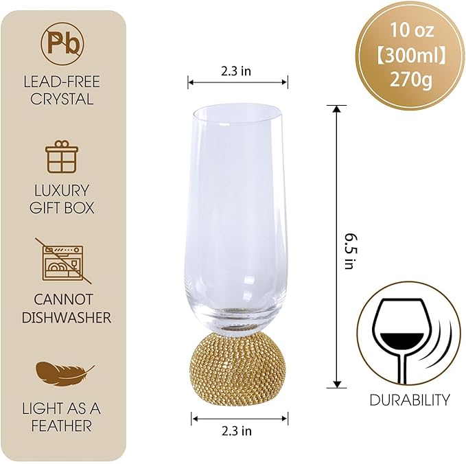 Champagne Flutes set of 4,Stemless Wedding Champagne Glasses,Unbreakable Crystal Fancy Mimosa Glasses,10 Oz Short Handle Champagne Flutes,for Engagement,Bachelorette Party,Birthday(Gold Clear)