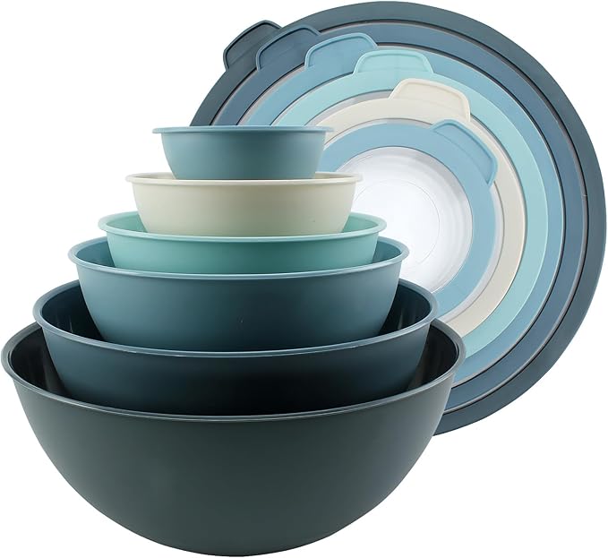 COOK WITH COLOR Mixing Bowls with Non Slip Bottom - 12 Piece Plastic Nesting Bowls Set includes 6 Prep Bowls and 6 Tritan Lids - Microwave Safe (Blue)