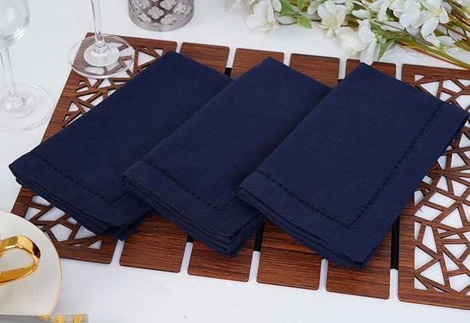Blue Needles Set of 6 Hemstitch Linen Napkins 100% Cotton Navy Blue Cloth Dinner Napkins 18x18 inches, Soft, Reusable, Absorbent, Washable, Ideal for Fall Thanksgiving Events, Parties & Everyday Use