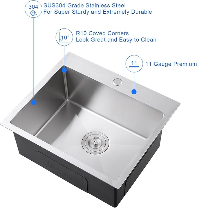 MENATT Brushed Nickel 20 Inch Drop in Kitchen Sink, 18 Gauge Stainless Steel Topmount Single Bowl 1 Faucet Hole Topmount Kitchen Sink with Drainer, D20"xW16"xH9"