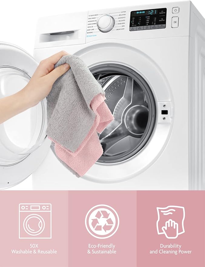 Fantasticlean Microfiber Cleaning Cloth Roll -150 Pack, Tear Away Microfiber Towels, 12" x 12", Reusable, Washable, Ultra Absorbent Dishcloth for Home Supplies, Car, Pet, Kitchen (Pink & Grey)