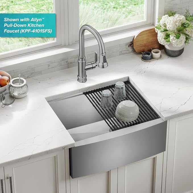 KRAUS Kore 24-Inch Farmhouse Workstation 16 Gauge Single Bowl Stainless Steel Kitchen Sink with Accessories, KWF210-24