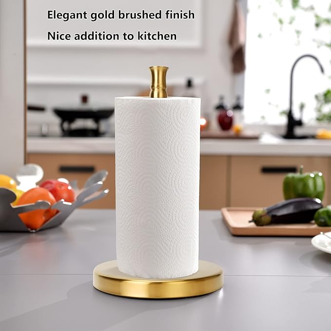 Paper Towel Holder, Stainless Steel Heavy Base (2LBS in Weight, and 6.7inch in Diameter), Gold Brushed Finish, Paper Towel Holder Countertop, Ripping Paper Towel Off One-Handed, No Wobbly