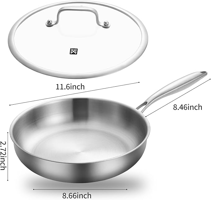 GOLDEN KEY 12 Inch Stainless Steel Frying Pan,Tri-Ply Stainless Steel Skillets with Lid,Stainless Steel Pans Oven Safe 600F, Fast & Even Heat,Compatible with All Cooktops,Dishwasher Safe