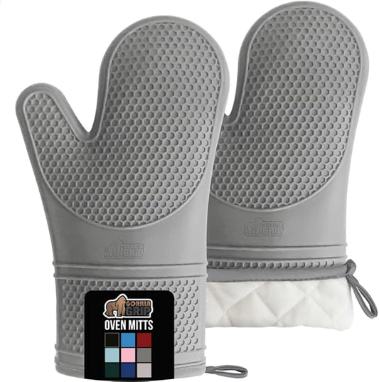 GORILLA GRIP BPA-Free Soft Silicone Oven Mitts, Heat Resistant and Waterproof Cooking Gloves, Thick Cotton Lining, Flexible Gripping for Baking Grilling, Kitchen Potholders Set of 2, 12.5x8.3, Gray