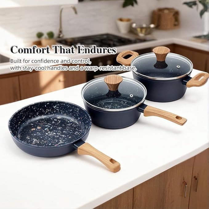 3-Piece Nonstick Cookware Set, 10.25 Inch Frying Pan & 2 Pots with Lids | PFAS & PFOA Free Non-Toxic Coating | Induction Compatible, Dishwasher Safe | Pots and Pans Set for Beginner Kitchen