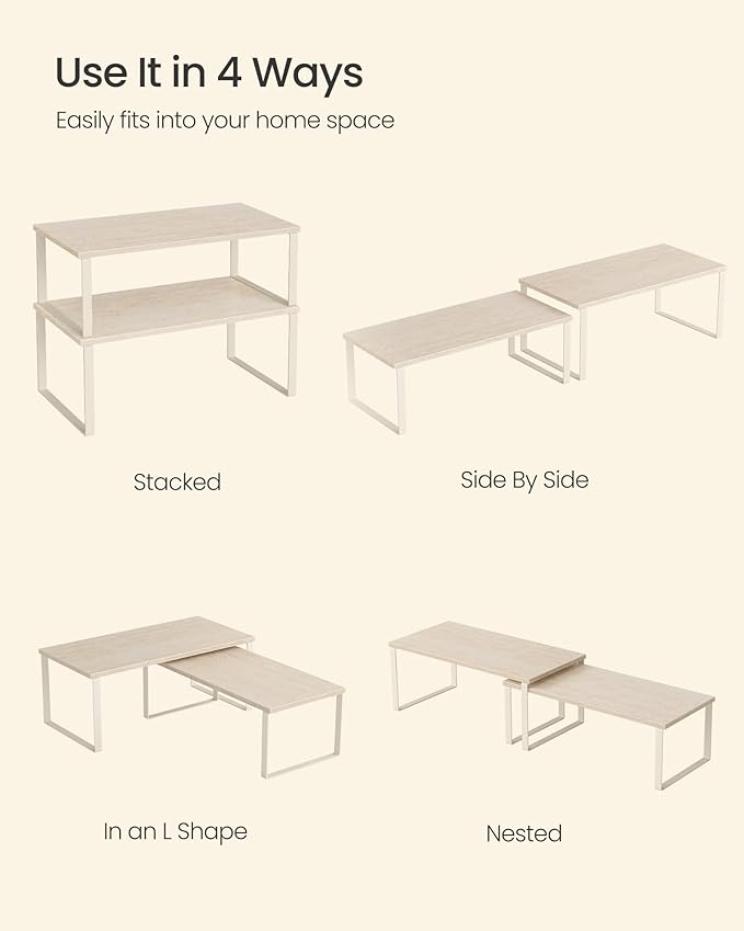 SONGMICS Cabinet Organizer Shelf, Set of 2 Kitchen Counter Shelves, Kitchen Storage, Spice Rack, Stackable, Expandable, Metal and Engineered Wood, Travertine Beige and Cream White UKCS025L01