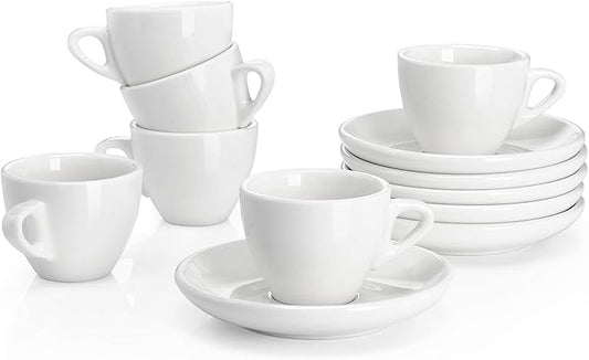 Sweese 2 Ounce Espresso Cups with Saucers, Porcelain Espresso Cups Set of 6 - White