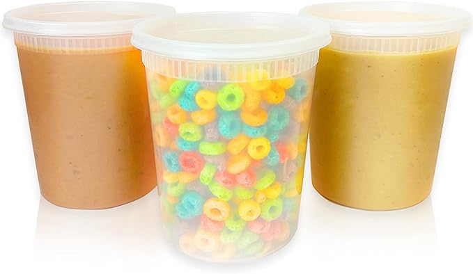 32oz Plastic Deli Food Storage Soup Containers with Airtight Lids, Extra-Thick, Slime, Soup, Leakproof,Stackable,Microwave/Freezer/Dishwasher Safe, BPA Free (24Pack)