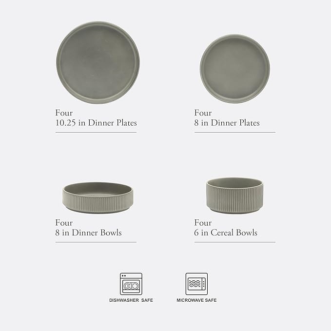 Gibson Elite Deerfield 16-Piece Stoneware Dinnerware Set – Soft Grey Reactive Glaze, Stackable Plates and Bowls, Service for 4 – Microwave & Dishwasher Safe