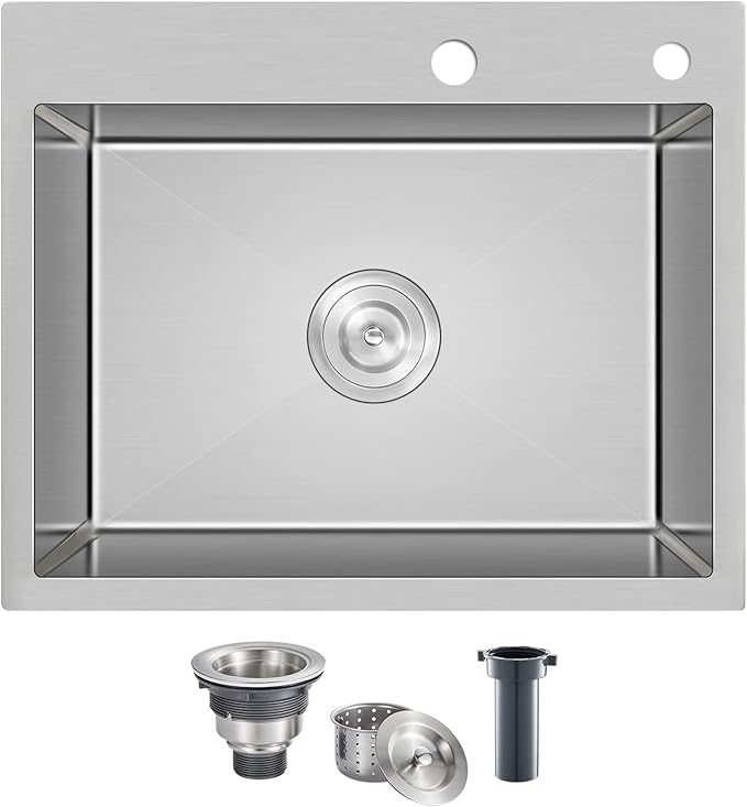 ROVOGO 20x16x9 in. Drop in Kitchen Sink 304 Stainless Steel with 2 Holes, Wet Bar Prep RV Sink Single Bowl, Handmade Kitchen Sink Top Mount, Anti-Noise Sink Tight Radius, Brushed