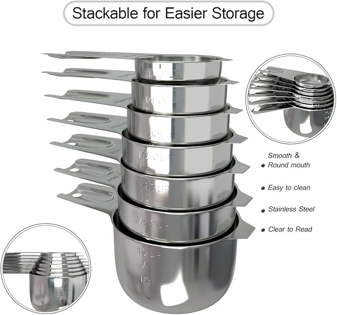 Stainless Steel Measuring Cups Used for Baking, Measuring Spoons and Kitchen Scale, 16-Piece Set, 6 Cups, 6 Spoons, Conversion Chart And Digital Kitchen Scale