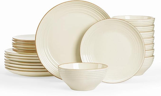 Famiware Jupiter Dinnerware Set, Plates and Bowls Dish Sets for 8 (24 Pieces), Microwave and Dishwasher Safe Stoneware Speckled Tableware, Chip and Scratch Resistant, Vanilla White