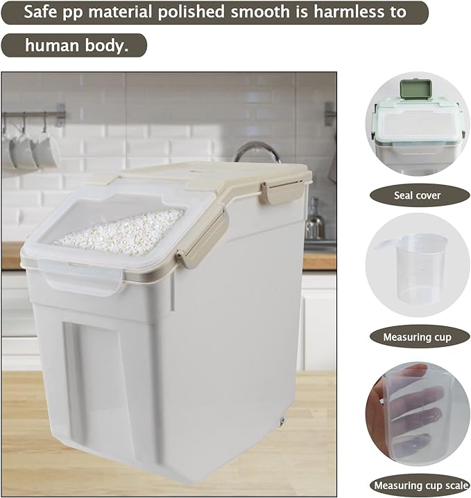 Large Flour Storage Container Bin 25lb, 4Pack Airtight Rice Storage Containers with Wheels Seal Locking Lid, BPA Free with Measuring Cup&Scoop for Flour, Rice, Grain(Gray)