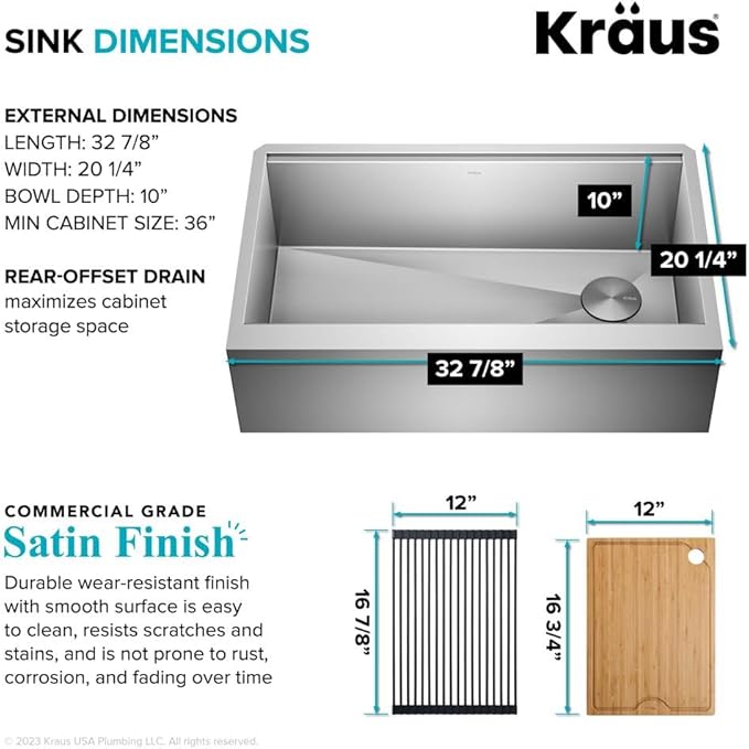 KRAUS Kore 33-Inch Farmhouse Workstation 16 Gauge Single Bowl Stainless Steel Kitchen Sink with Accessories, KWF210-33