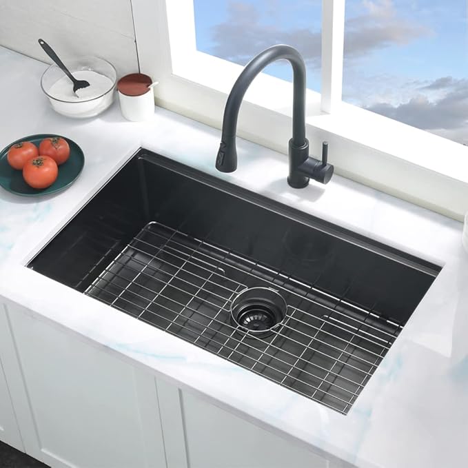 Black Kitchen Sink Undermount, 32x19 Inch Workstation Black Stainless Steel Undermount Kitchen Sink 16 Gauge Deep Single Bowl