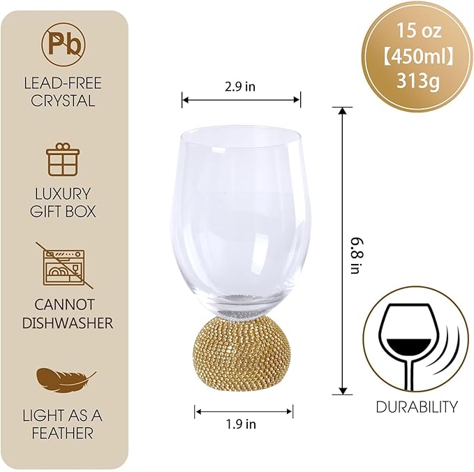 Wine Glasses Set of 4,Stemless Wine Glass,Unbreakable Crystal Fancy Glasses,15 Oz Short Handle Red/White Glasses,Unique Wine Gifts for Women,for Home Bar, Party, Birthday (Gold Clear)