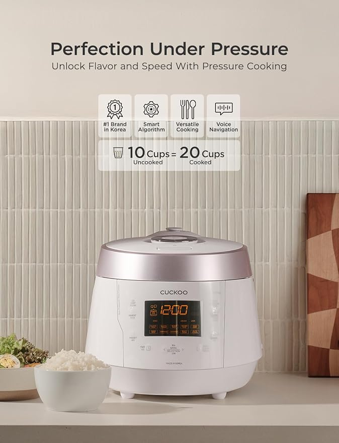 CUCKOO High Pressure Rice Cooker 10-Cup Uncooked / 20-Cup Cooked with Nonstick Inner Pot, Large Rice Maker with 13 Menu Options and Steam Plate, Fuzzy Logic Tech, Voice Guide, White (CRP-P1009SW)