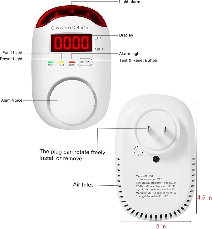 3 Packs Combination Gas & Carbon Monoxide Detectors, Plug in Natural Gas Detector & Carbon Monoxide Alarm, CO Detector Alarm & Propane, Methane, Explosive Gas Detector for Home,RV,Easy to Install