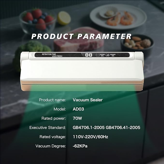 Kitchen utensil vacuum sealing machine, 60kPa suction, 20 vacuum sealing pockets, dry wet mode, digital countdown, white vacuum food sealing machine