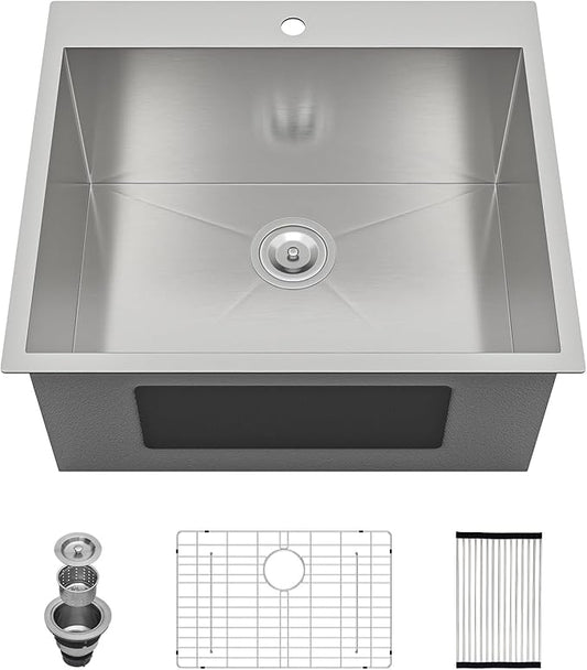 Lordear 12 Inch Deep Laundry Sink Drop In 25"x22"x12" Deep In Laundry Utility Sink Drop-in Topmount Single Bowl Sink 16 Gauge Stainless Steel Kitchen Laundry Room Sinks