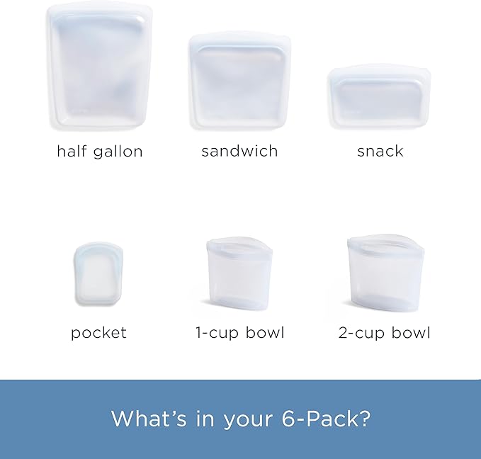 Stasher Premium Silicone Reusable Food Storage Bags, 6-Pack, Clear, Multi-Use Food Storage Bags, Lunch Bag, Travel Containers, BPA Free, Leak-free, Dishwasher-Safe, Eco-friendly