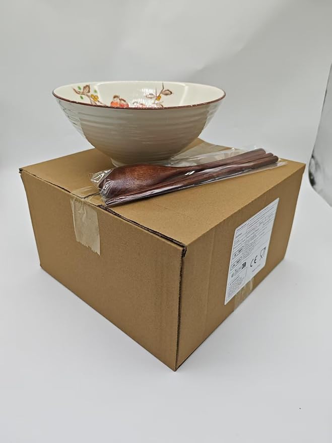 40 OZ ceramic ramen bowls, 8 IN large Japanese noodle soup bowl, match chopsticks and spoons, suitable for Pho, Udon Asian noodles (Flowers and birds)