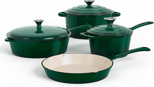 DishDelight Enameled Cast Iron Cookware Set, 7 Piece Set of Dutch Ovens, Sauce Pan, Skillet, 3 Lids, Ceramic Coated Cast Iron Dutch Oven Set, Round Dutch Oven Pot for Sourdough Bread Baking, Green