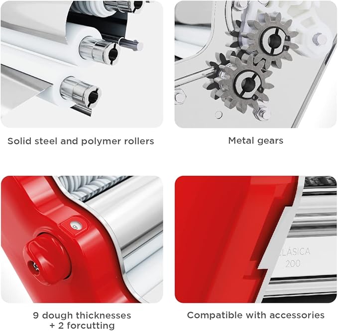 PASTALINDAClassic 200 Pasta Maker Machine, 20 cm Wide Rollers, 9 Thickness Positions, 2 Cutting Positions, Stainless Steel. Includes Reinforced Hand Crank And Two Clamps (Red)