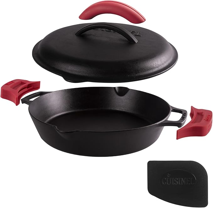 Cast Iron Skillet with Cast Iron Lid - 12"-Inch Dual Handle Frying Pan + Pan Scraper + Silicone Handle Holder Covers - Pre-Seasoned Oven Cookware - Use Indoor/Outdoor, Grill, Stovetop, Induction