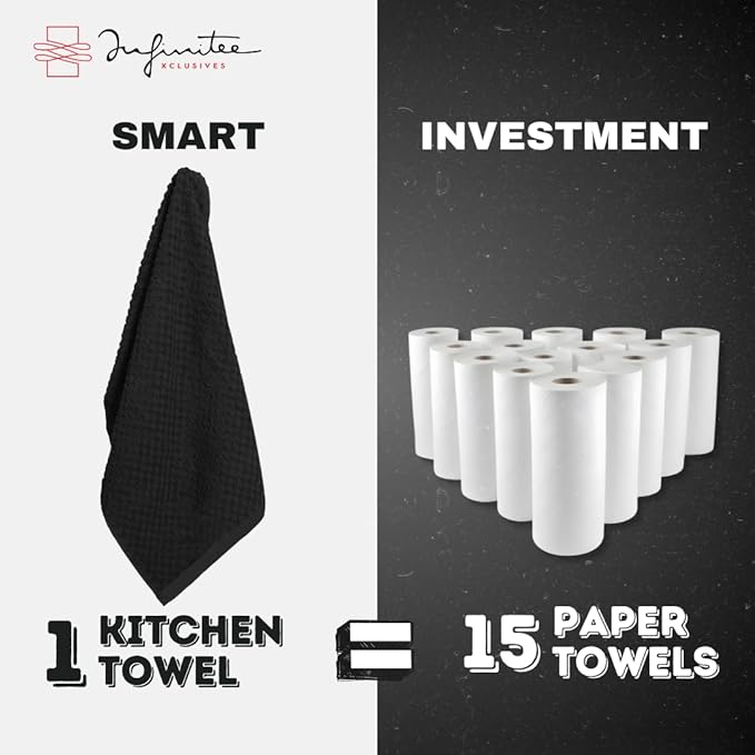 Infinitee Xclusives 100% Cotton Kitchen Towels - 15x25 Inch Ultra Soft Tea Towel, Super Absorbent Terry Dish Towels for Kitchen Linens |Storm Black|