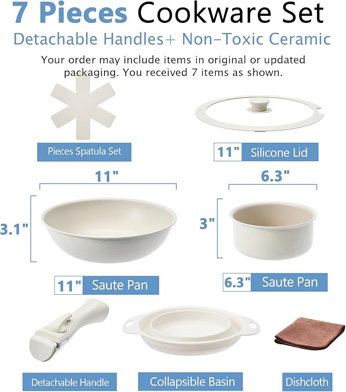 7Pcs Non Stick Pots and Pans Set, Ceramic Cookware Set with Detachable Handle, PFAS-Free, Oven & Induction Safe (White)