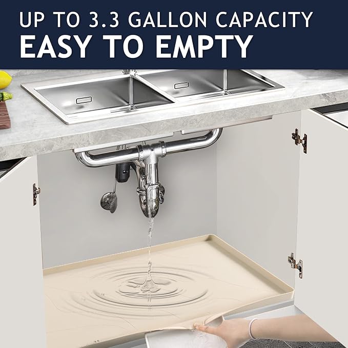 Heavy Duty Silicone Under Sink Mats for Kitchen Waterproof 40" x 22", Extra Thick Under Sink Rubber Mat Drip Tray, Raised Edge Under Sink Liner,Prevent Drips, Leaks, Spills,Beige