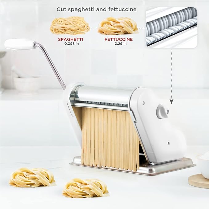PASTALINDA Classic 200 Pasta Maker Machine, 20 cm Wide Rollers, 9 Thickness Positions, 2 Cutting Positions, Stainless Steel. Includes Reinforced Hand Crank And Two Clamps